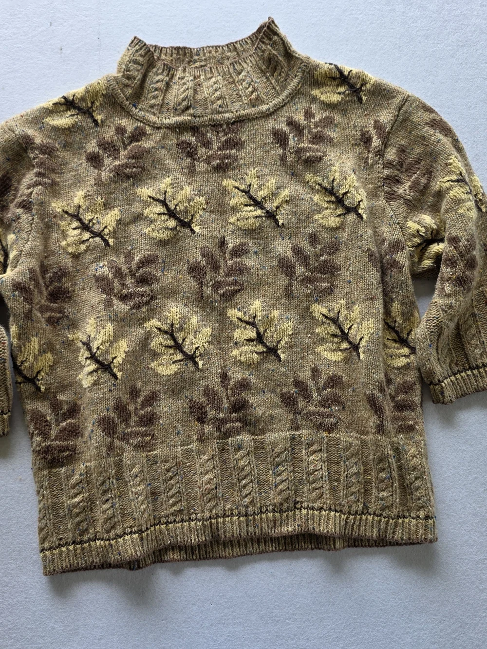 Eagles Eye Vintage Cozy Leaf Print Wool Blend Sweater in Beige and Brown